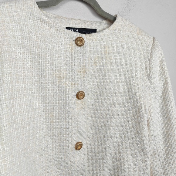 Zara Textured Jacket Womens XL Cream‎ Gold Button Preppy Classic Tweed Holiday - Picture 3 of 9